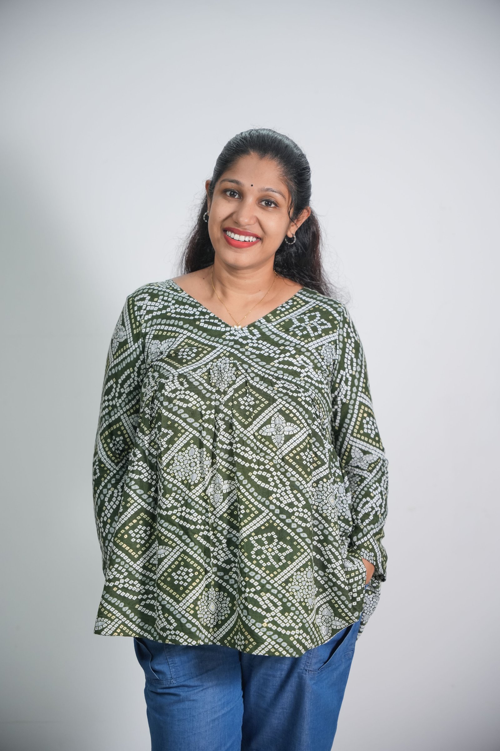 Olive Green Rayon Bandhani Print Short Kurti
